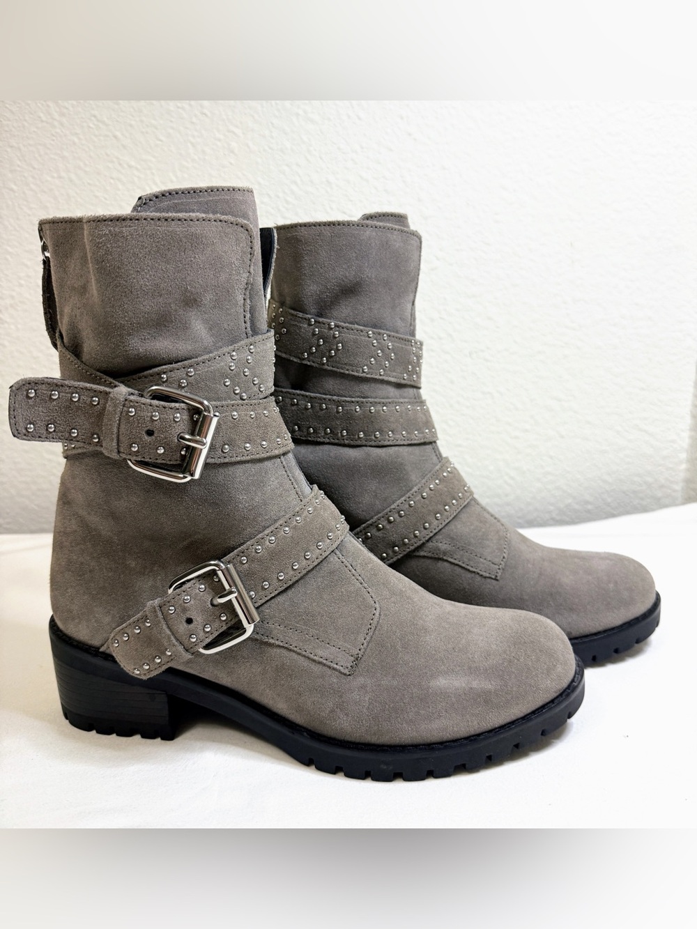 Mint Velvet Taupe Suede Studded Moto Boots Buckle Ankle Boots EU 38